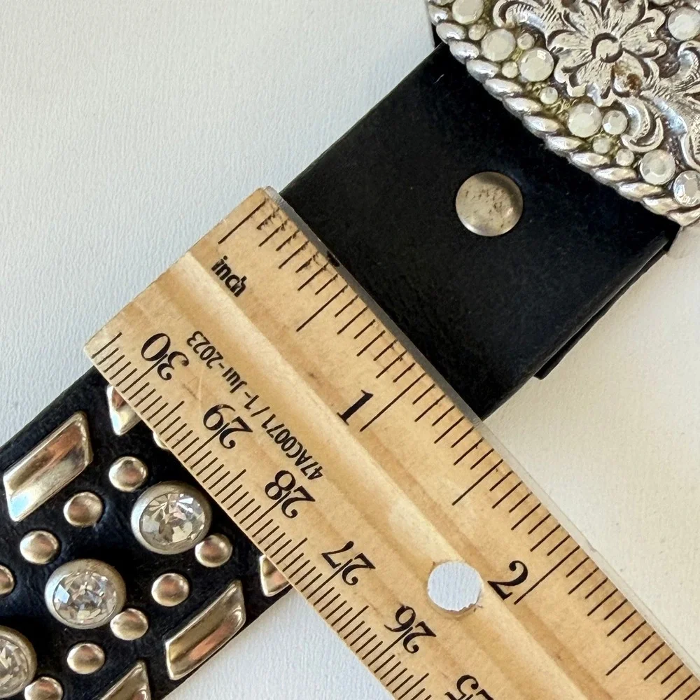 Vintage Nocona Belt Women Small Black Western‎ Rhinestone Studded Leather NWT